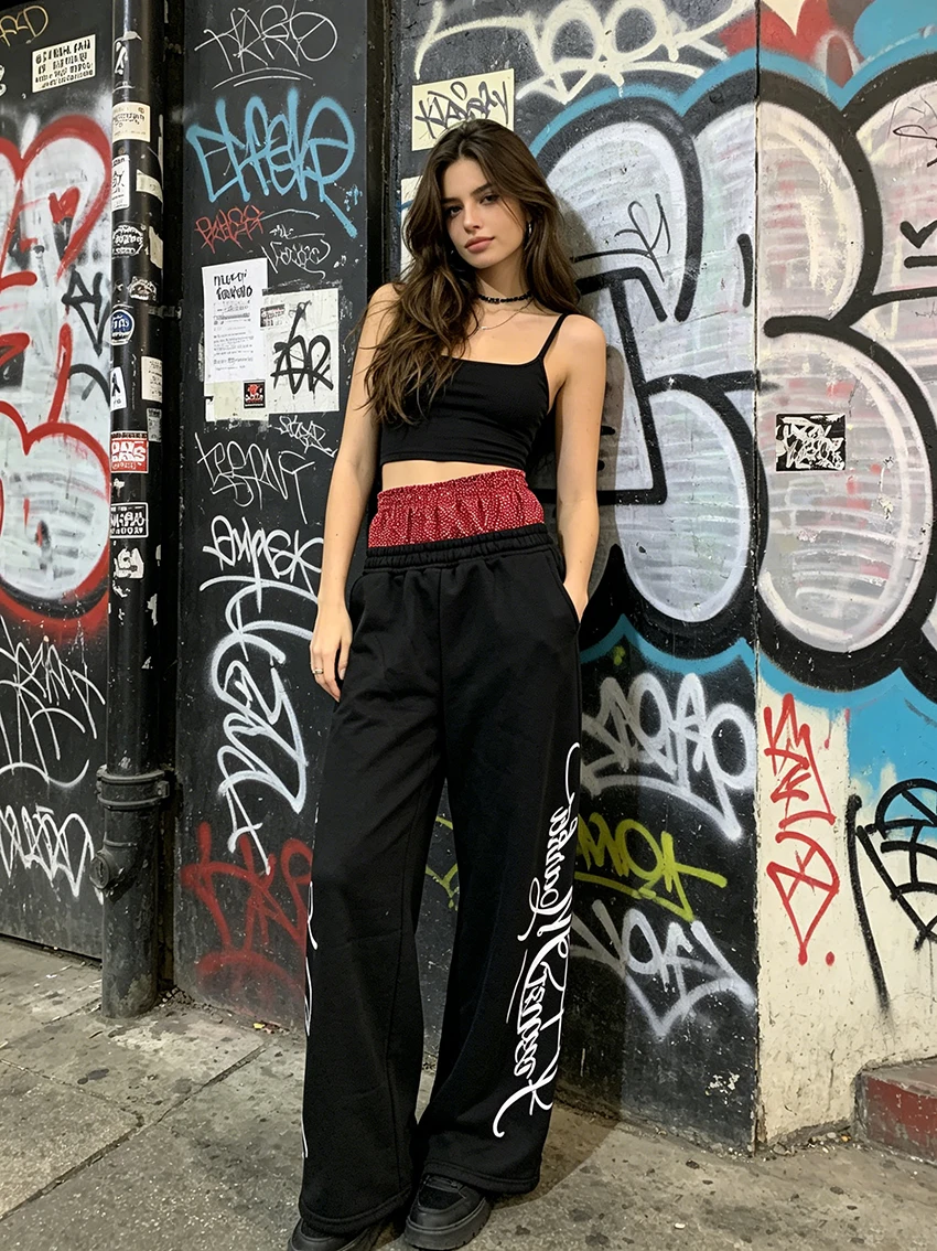 Women Fashionable Black Layered Waist Wide Leg Sweatpants with Red Polka Dot Print Side Letter Graphic & Studded Back Pockets