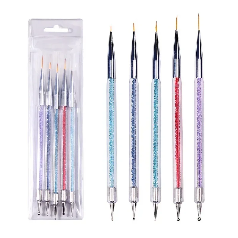 5pcs/Set 2 In 1 Dual-Ended Nail Art Liner Brushes With Crystal Handle Professional UV Gel Dotting Painting Drawing Pen DIY Tools