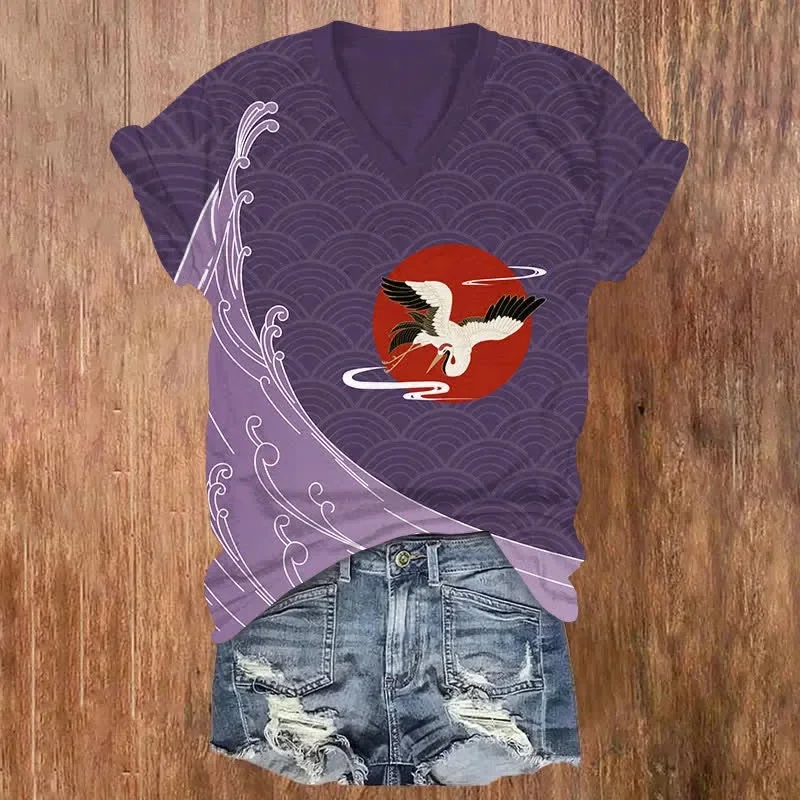 Japanese Vintage Wave Pattern & Crane Print V-neck T-shirt Summer Women's T Shirts