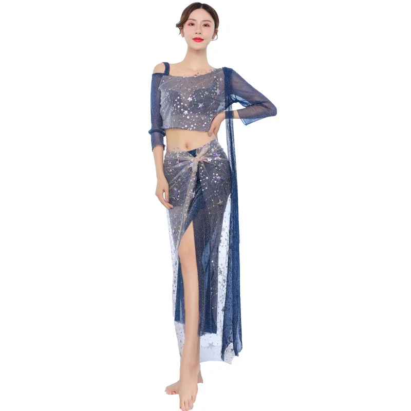 تخصيص المرأة الكبار الحديثة الرقص الشرقي حبة التطريز شبكة القماش تنورة مثير بدلة تدريب أنيقة مجموعة حزام الرقص الشرقي
