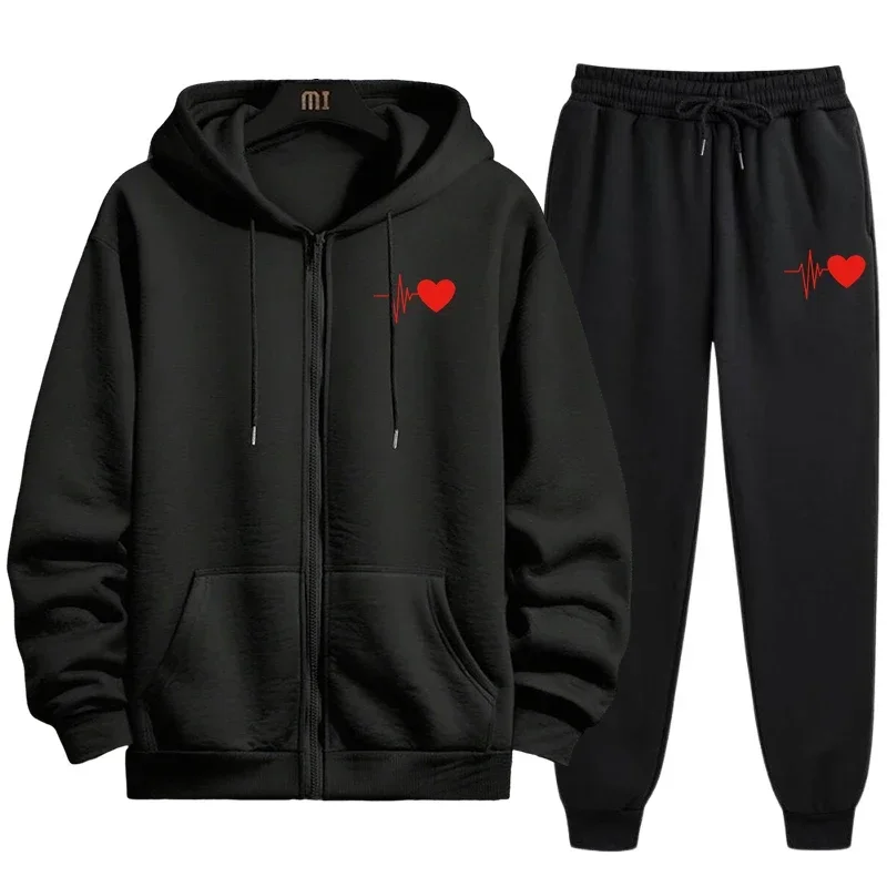 

Men's set sports hooded sweatshirt black sweatpants autumn and winter casual sports zipper hooded sweatshirt jogging set