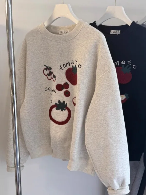 

Korean Sle Lazy ato Embroidery Fce round Ne Sweatirt Women's Autumn Winter Loose Versatile Thi Warm Unique Top