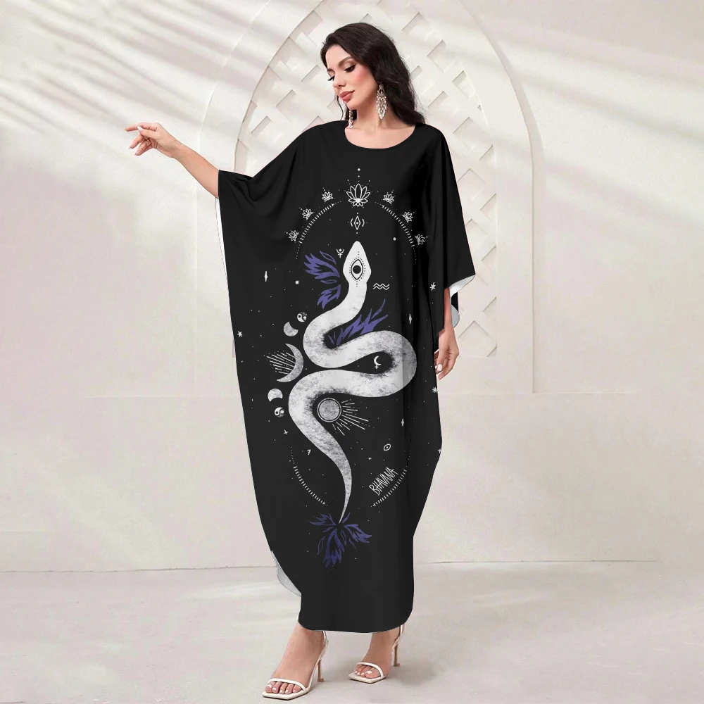 Eid Muslim Women Clothing High Temperament Women's Evening Dresses Round Neck Loose Bat Sleeve Dress Dubai Printed Robe 2024