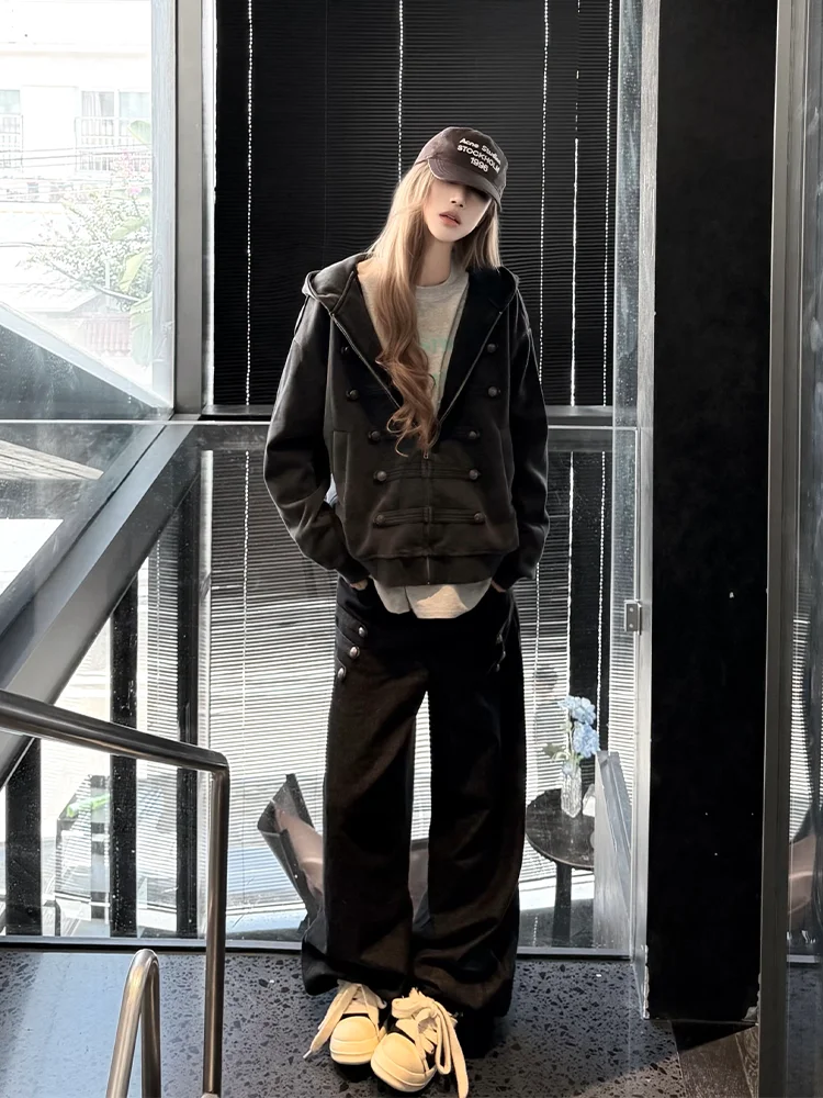 Loose High Waist Wide Leg Black Denim Jeans Retro Court Style Women's Autumn New Fashion Individual Personality Trousers