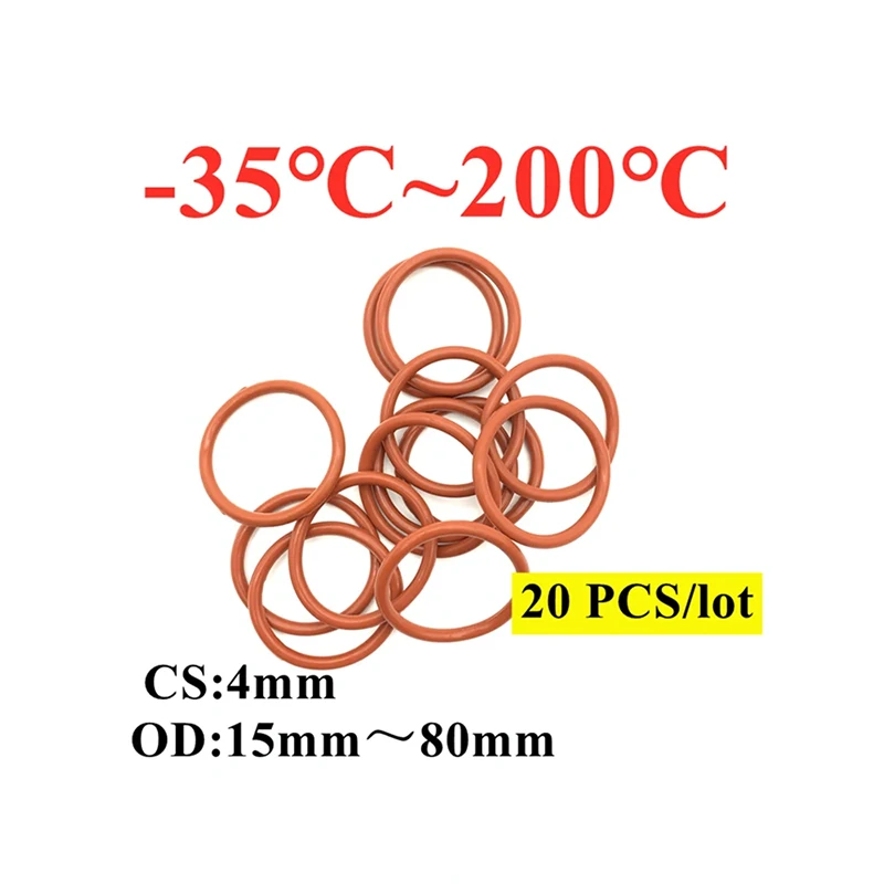 

20pcs Red VMQ Silicone Rubber Ring Sealing Gaskets CS 4mm OD 15~80mm Silicone O Ring Seal Gasket Food Grade Rubber O-Ring Washer