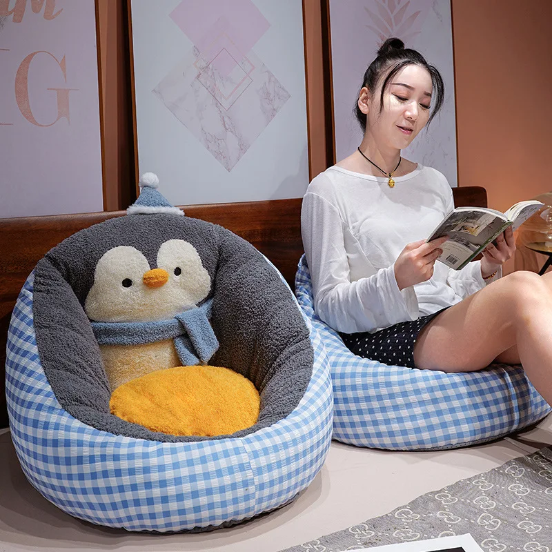 Cartoon Penguin Plaid Print Seat Cushion Super Soft Semi-Enclosed Office Chair Cushion Comfort Autumn and Winter Thick Lazy Sofa