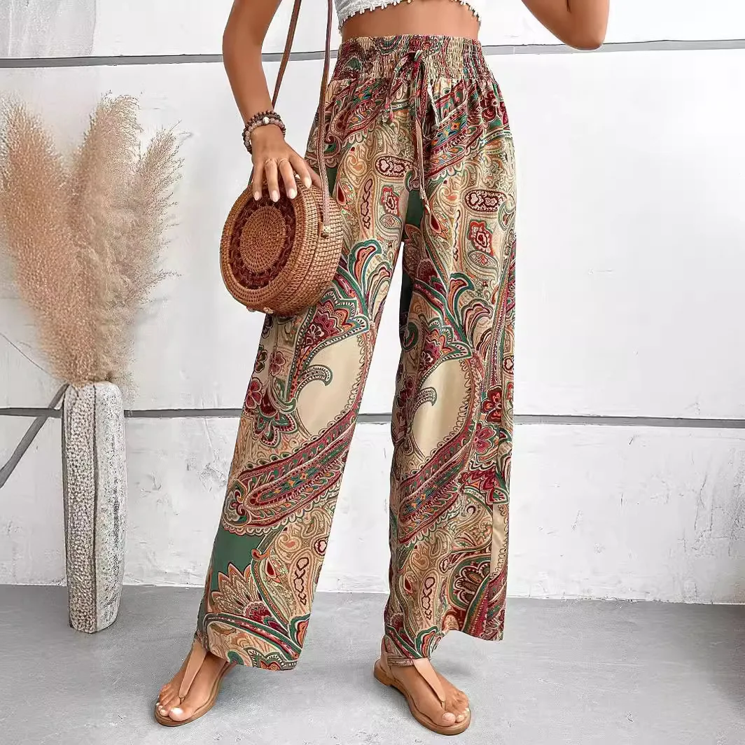 Women's Trousers Elastic Waist Fashion Print Summer New Thin Wide Leg Casual Street Khaki Pants for Women