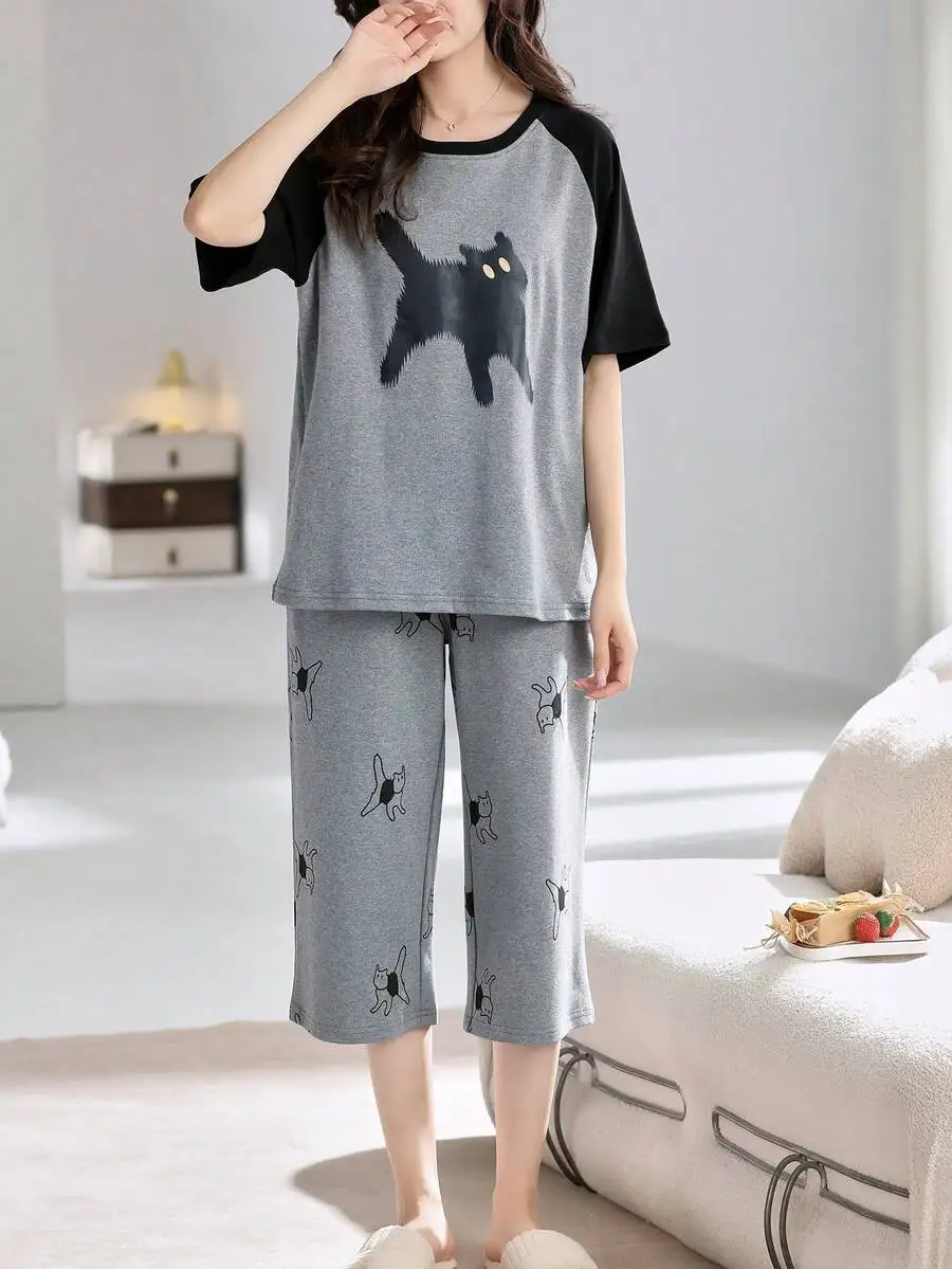 Women Cartoon Print Sleepwear Set Short Sleeve Top Capri Pants Summer Loungewear