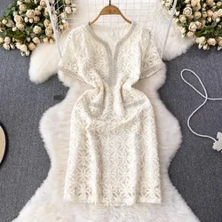 JAMERARY Summer Holiday Diamonds Pearls White Dress Women Short Sleeve 3D Floral Mesh Lace Embroidery Party A Line Vestidos