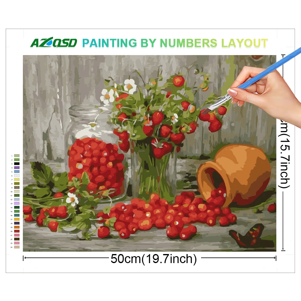 AZQSD Flower Picture Oil Painting By Numbers Fruit Kitchen Decor For Home 50x65cm Frame Diy Drawing On Canvas Berry Strawberry