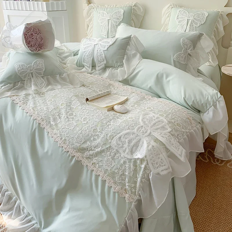 Korean Princess Wind Bedding Set Lace Bow Solid Color Beautiful Edge Lace Pleated Bedding Cover Luxury Girl Wedding Home Bed