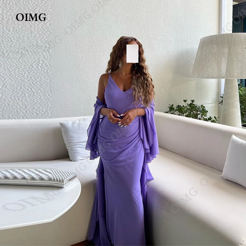 

OIMG New Purple Chiffon Evening Dresses Cape Sleeves Beach Prom Gowns Arabic Women Formal Night Party Pageant Dress Vestidos