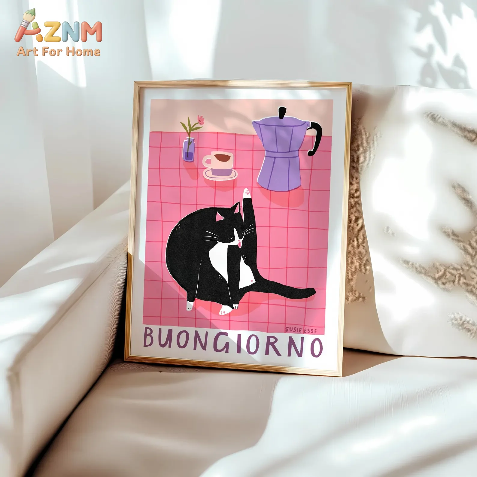 AZNM Cute Black White Cat Canvas Print Buongiorno Coffee Moka Pot Pink Grid Kitchen Illustration Fun Cartoon Wall Poster Unframe