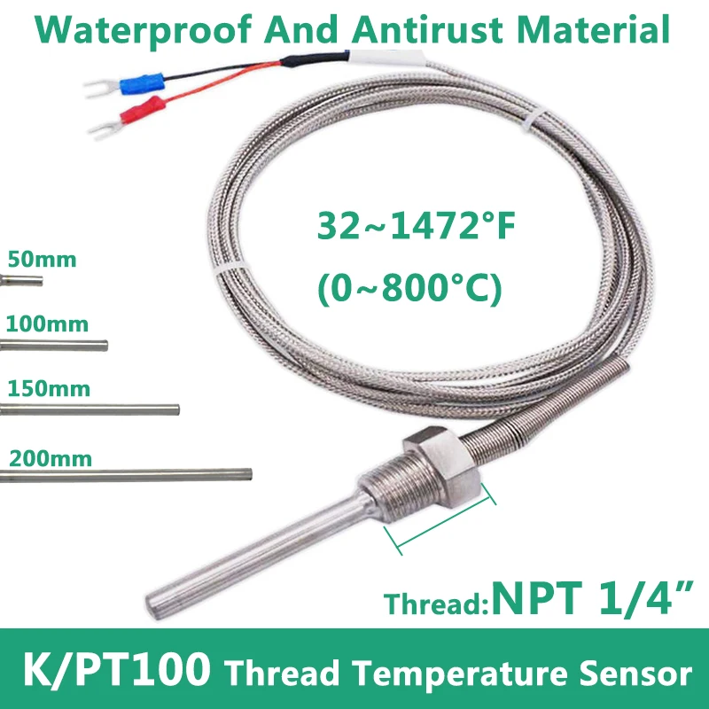 

800°C Degree High Temperature Sensor Thread NPT 1/4 Stainless Steel Probe K Type PT100 Thermocouple Tube Temperature Controller