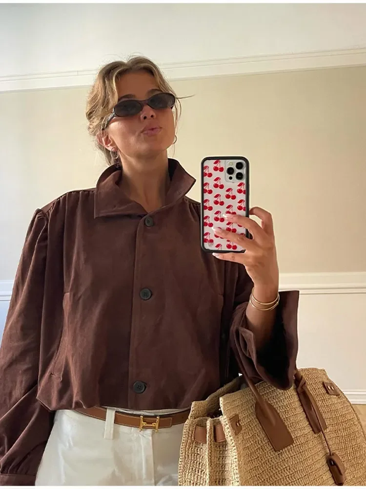 

Women Brown Suede Short Jacket Fashion Full Sleeve Zipper Lapel Pocket Loose Thick Coat Lady Spring New Casual Commute Outwear