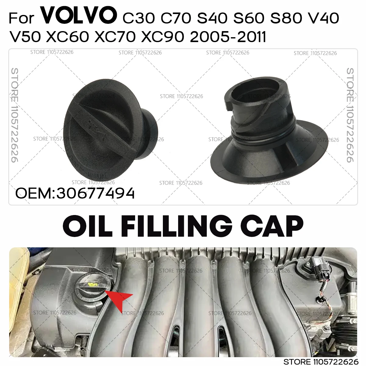 For 2005 2006 2007 2008 2009 2010 2011 Volvo C30 C70 S40 S60 S80 V40 V50 XC60 XC70 XC90 Engine Oil Filler Caps 30677494