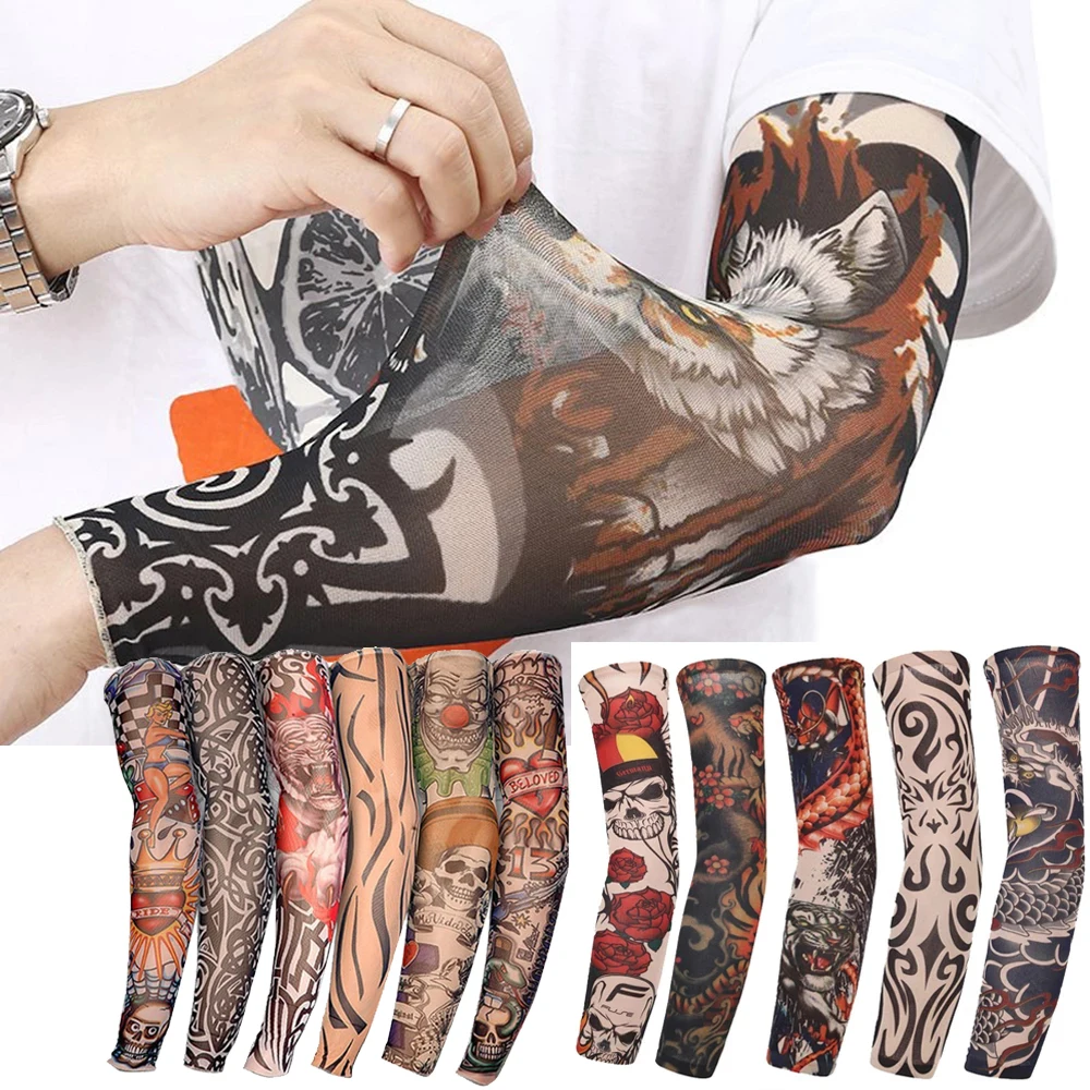 1PC Street Tattoo Arm Sleeves Sun UV Protection Arm Cover Seamless Outdoor Basketball Riding Sunscreen Arm Sleeves For Men Women