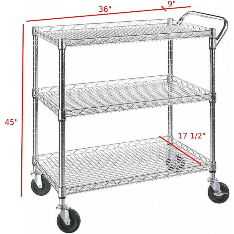 Heavy Duty 3 Tier Rolling Utility Cart on Wheels - Metal Serving Cart with Wire Shelving and Handle Bar for Kitchen, Office