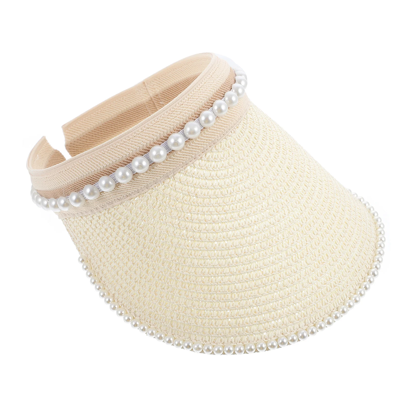 

1pcs Women Sun Hat Wide Brim Hollow Out Pearl Decor Summer Straw Hat For Outdoor Travel Beach Wear Casual Sun Hats