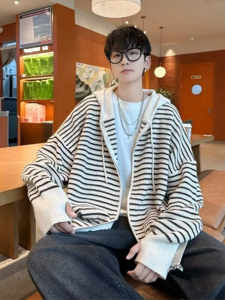 

Men's Knitted Hoodie Open Cardigan Striped Casual Loose Couple Sweater Autumn Winter Faion Comfortable Soft Long Sve Coat