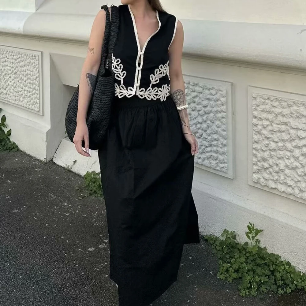 TRAF ZR Vintage Hook Flower Hollow Three Piece Set Single Breasted V-neck Tank + Mini Skirt with Side Zip + Elastic Waist Pants