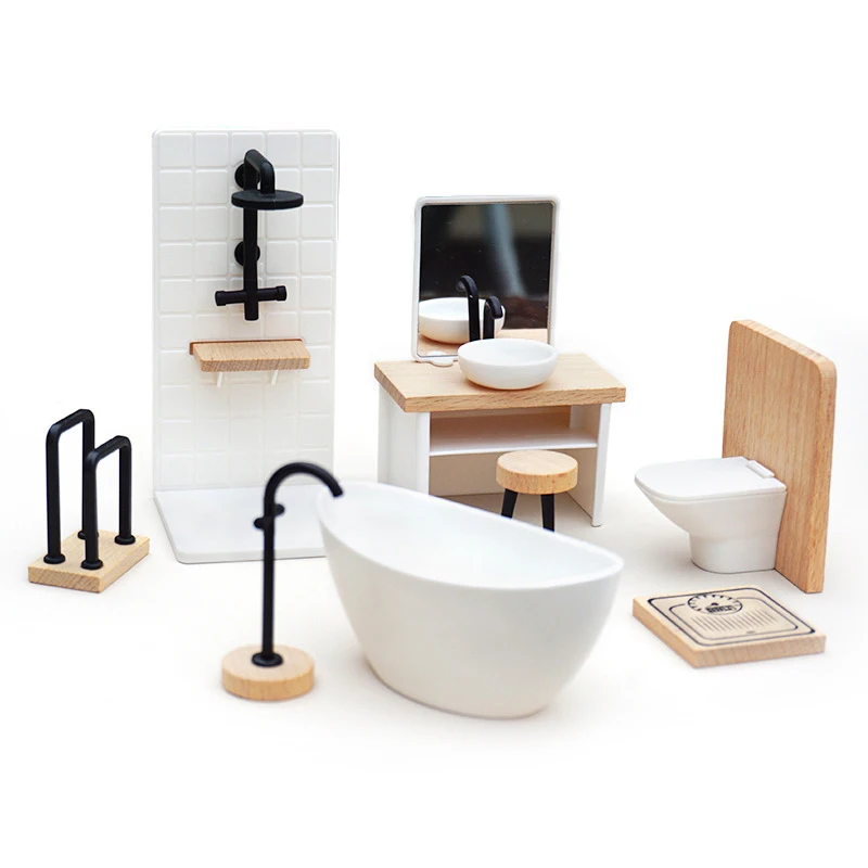 1Pc 1/12 Dollhouse Wooden Simulation Washbasin Tub Toilet Model Dollhouse Bathroom Decoration Miniature Furniture Accessories