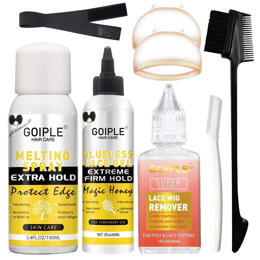 

GOIPLE Lace Wig Installation Kit Extra Hold Wig Melting Spray Protect Edge Magic Honey Glueless Lace Gel and Liquid Remover 8pcs
