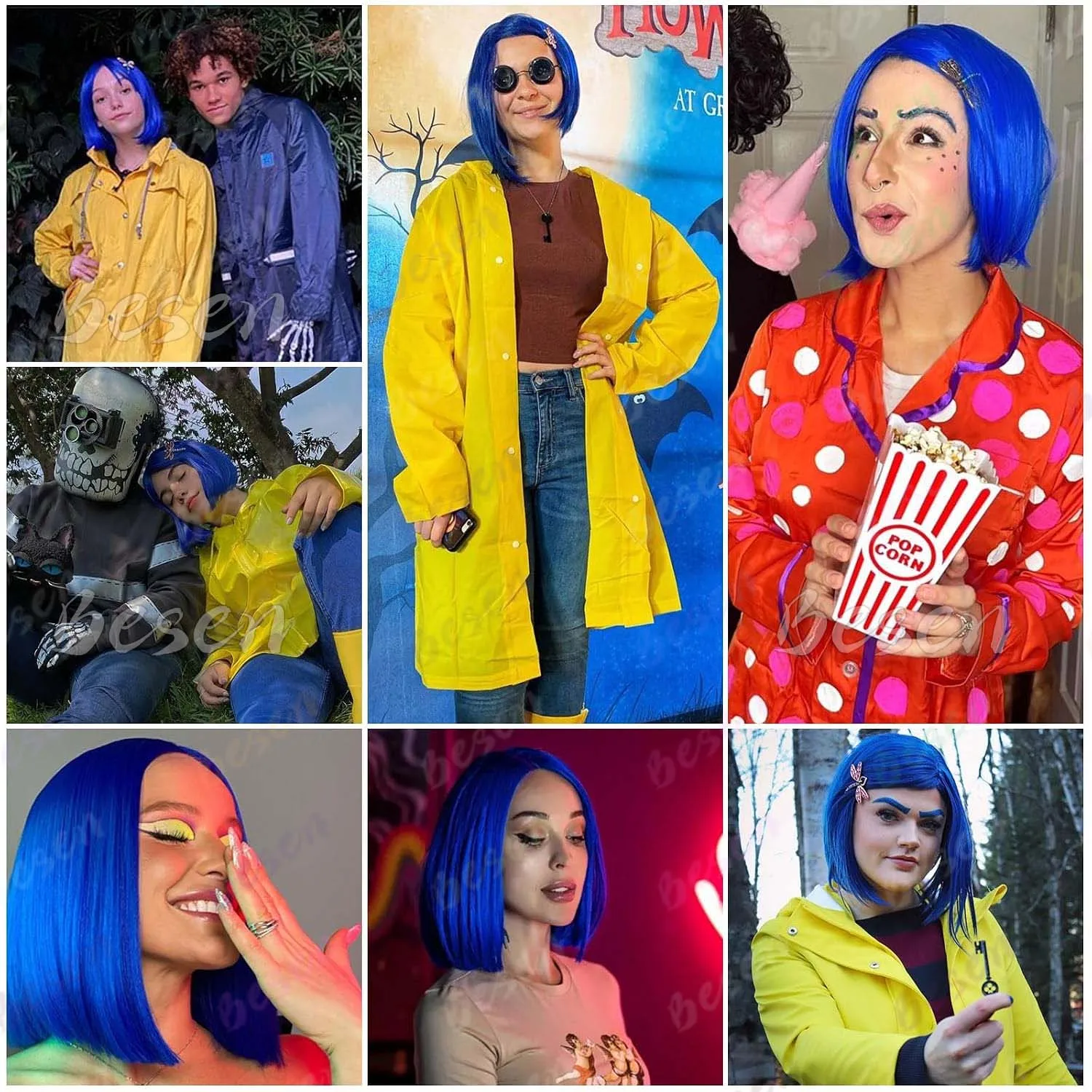Synthetic Dark Blue Bob Wigs for Coraline Costume Women Girls Women's Costume Wigs Colored Bob Wigs for Cosplay Halloween Party
