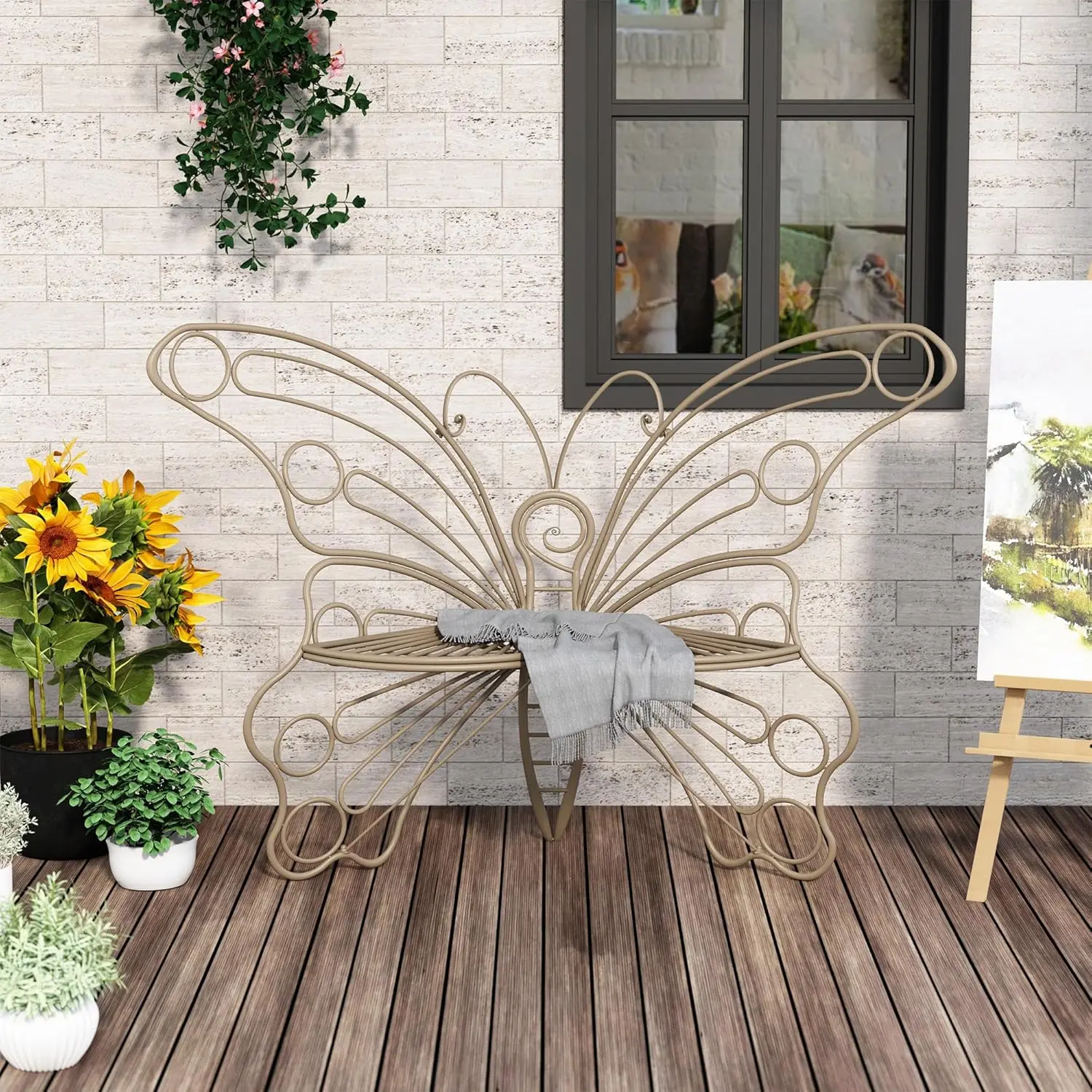 

50 Inches Outdoor Bench, Garden Bench With Sturdy Iron Metal Frame, Pretty Butterfly Bench Front Porch Bench For