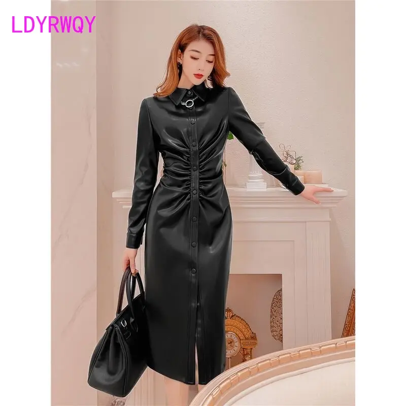 Black PU2023 new style autumn and winter waist closing temperament fashion slim slim bag bottom split dress