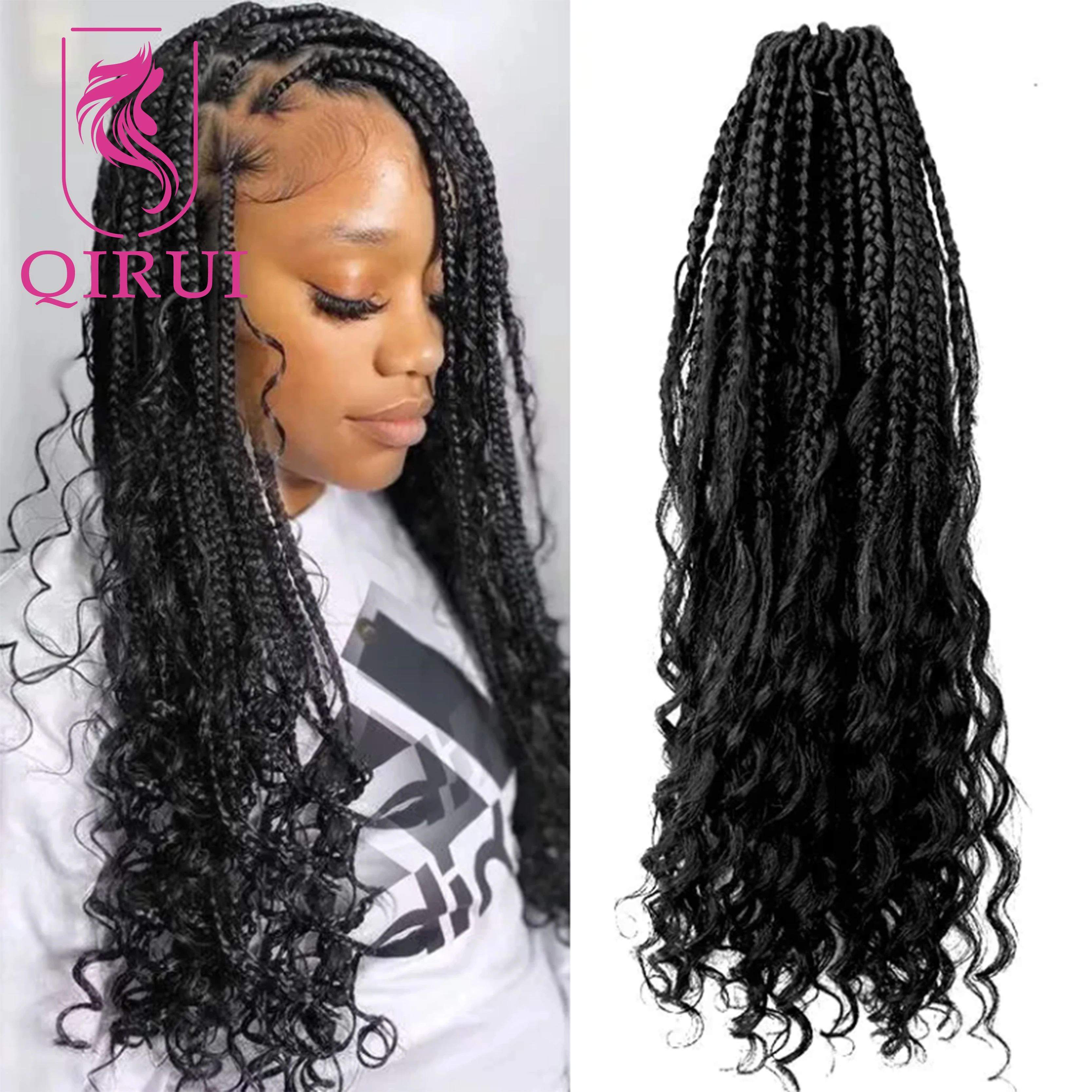 Trenzas de caja bohemias de ganchillo con rizos de cabello humano, pelo trenzado sintético, trenzas de caja preenrolladas con extremos rizados de 18 pulgadas para mujeres