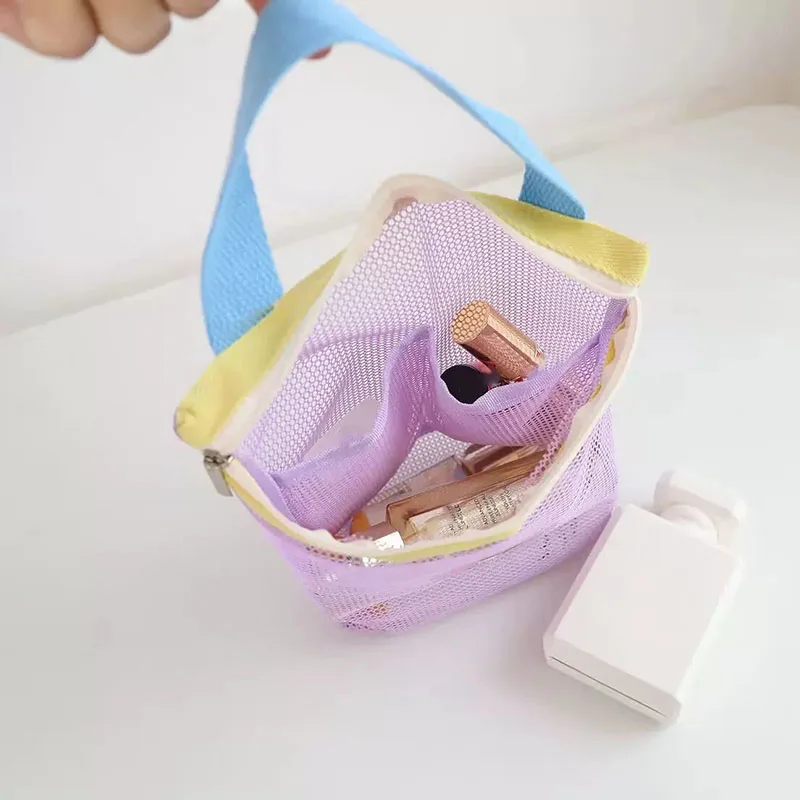 Ins Style Vibrant Bright Color Summer Mesh Tote Case Small Cosmetic Bag Handbag Foldable Portable Toiletry Bag Women's Beach Bag