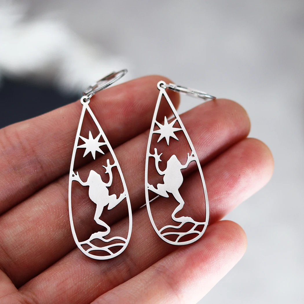Kinitial Stainless Steel Waterdrop Sun Frog Drop Earrings For Women Summer Jewelry Animal Earring