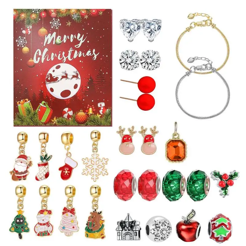 Advent Calendar Bracelet Red Santa Claus Jewelry Making Kit Cartoon Bow Candy Snowman Reindeer Santa Charm Beads Jewelry Making