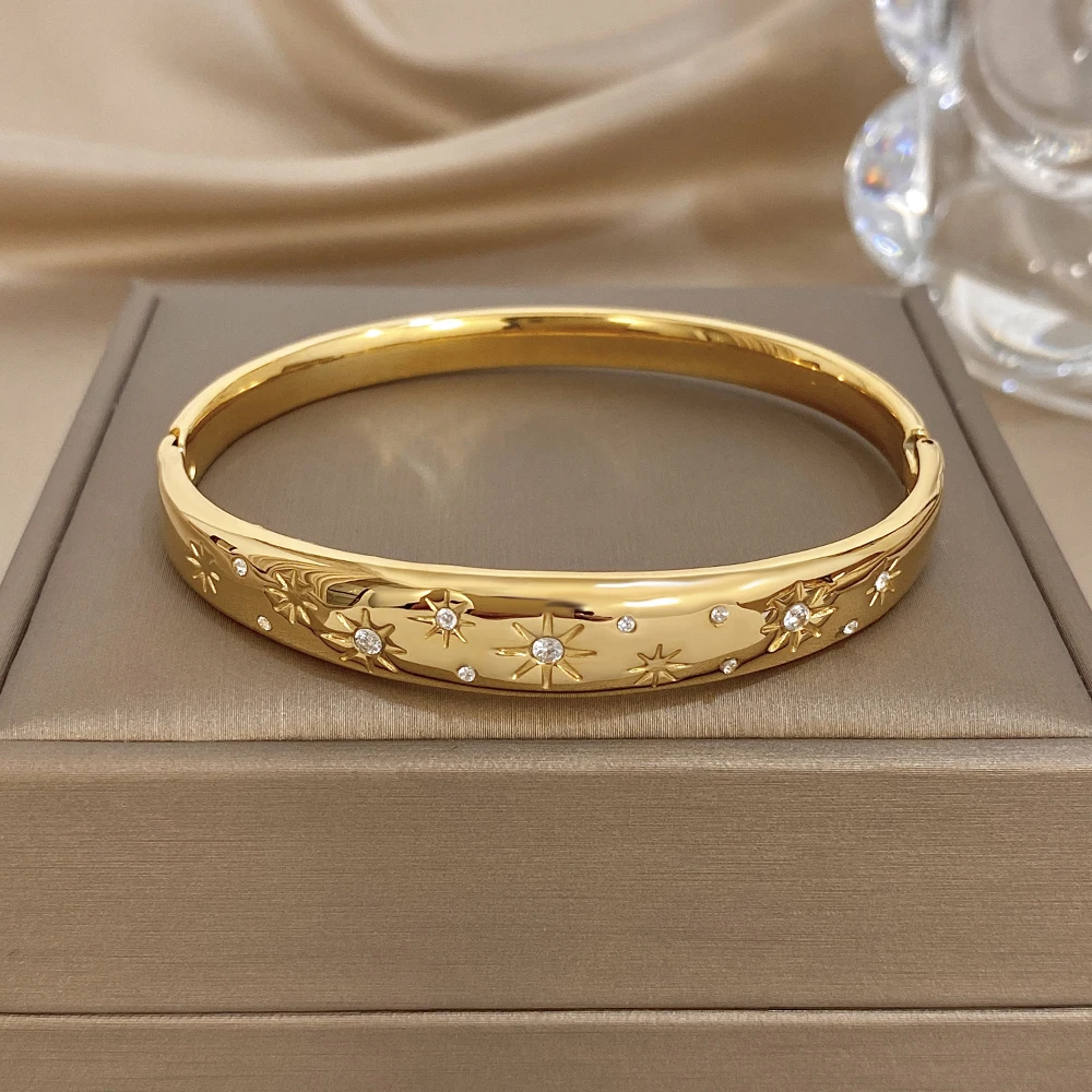 

DODOHAO Elegant Irregular Star Rhinestone Stainless Steel Bangle for Women Waterproof Spring Bracelet Stackable Hand Jewelry