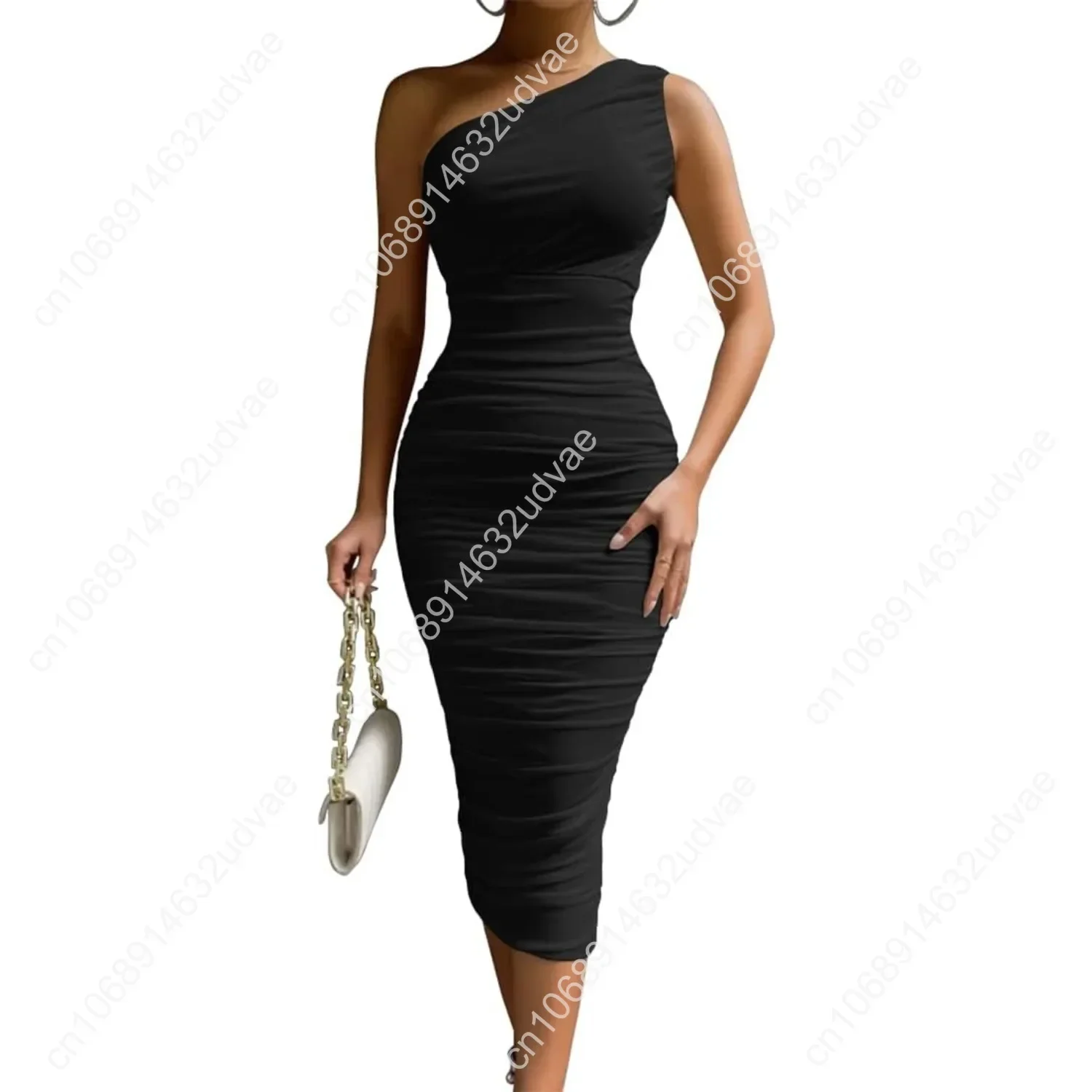 

LAGSHIAN Women's Sexy Bodycon One Shoulder Sleeveless Ruched Midi Club Party Dress