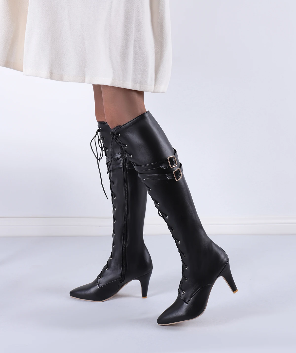 Mittellange Stiefel für Damen, 2026 Frühling und Herbst Neue Schnürstiefel, Damen Spitze Stiletto High Heels, Designer Luxus Übergrößen Größe 47, Direktverkauf vom Hersteller – Detail 21