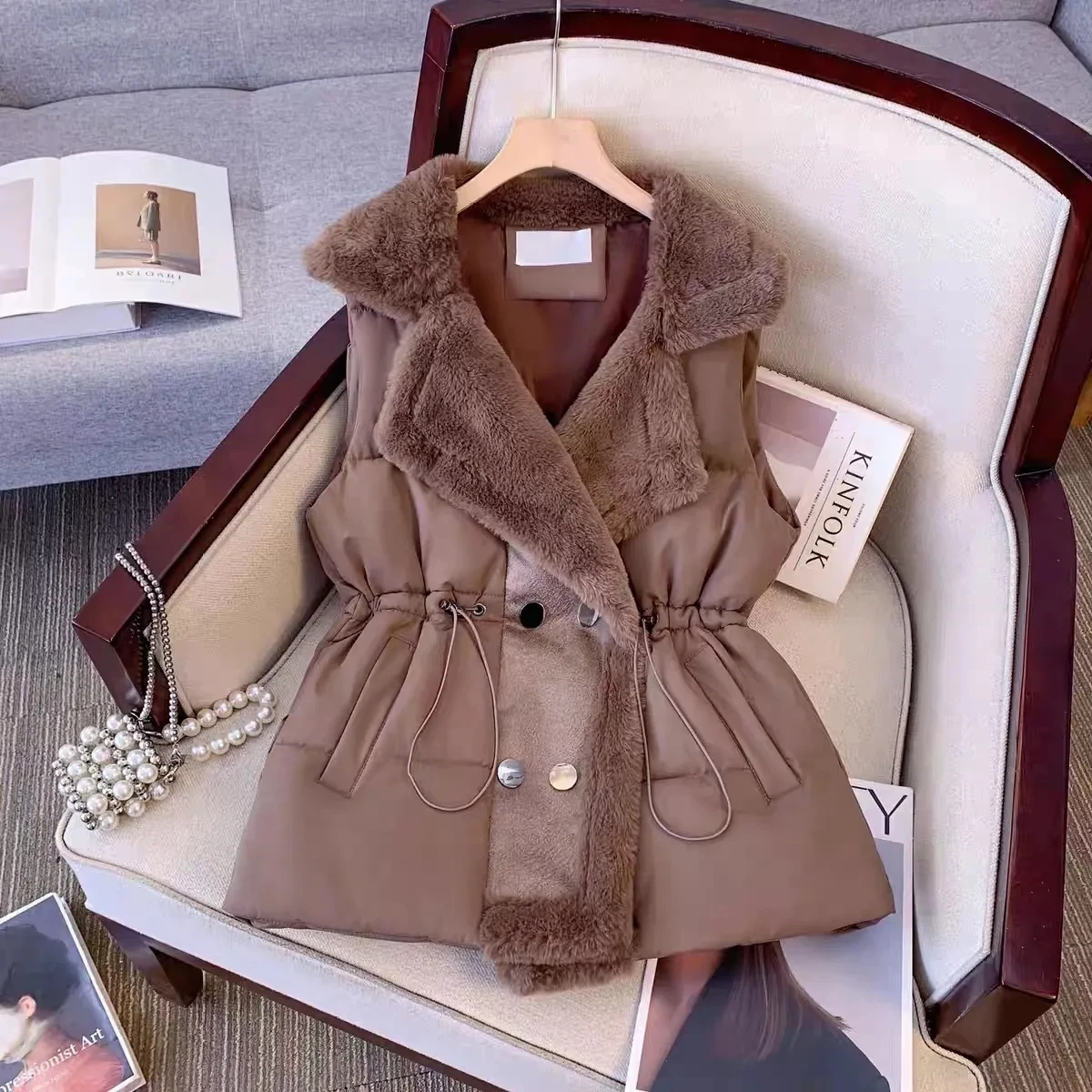 

2025 Trendy Autumn And Winter Jacket Vest, Warm Fur Spliced Women's Collection Down Cotton Waistcoat Suit Collar Outerwear w1491