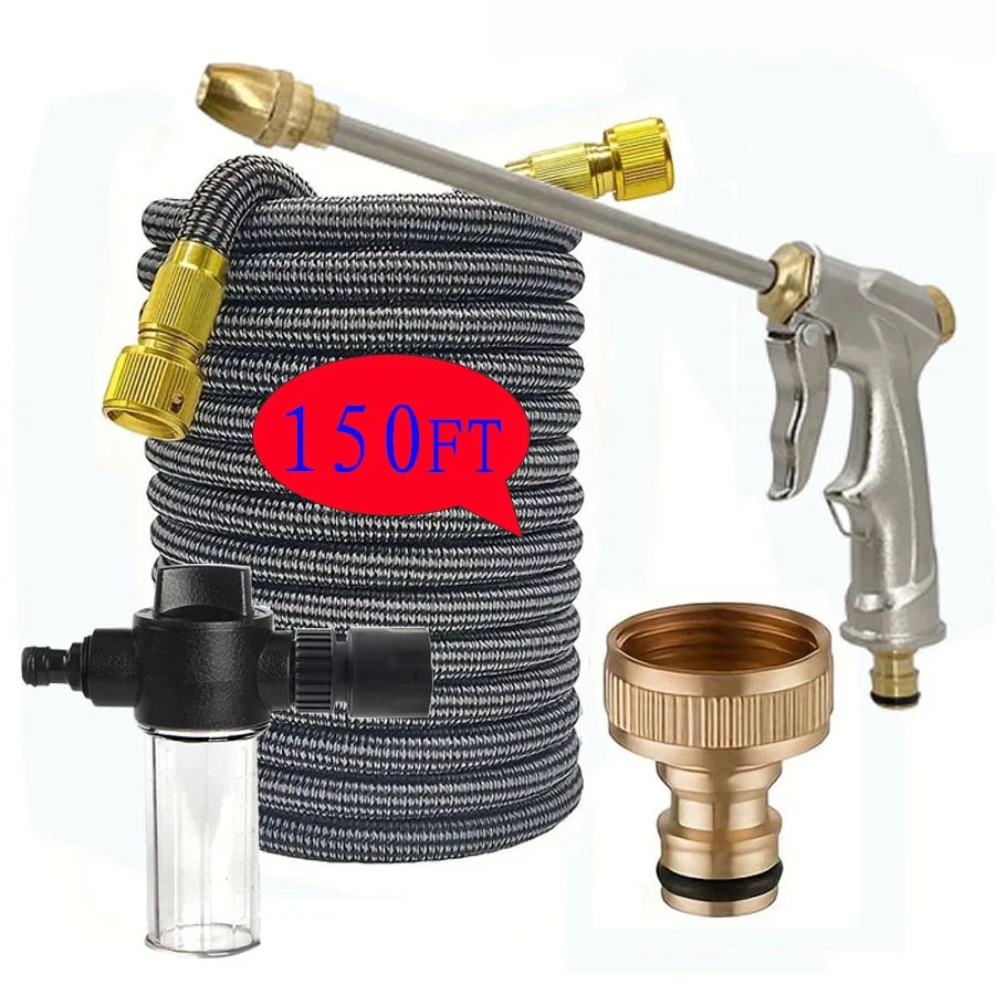 150FT Grey White Braided Expandable Garden Hose with Long Metal Nozzle Spray Gun Foam Dispenser Brass Quick Connector