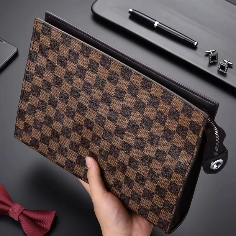 

Handbag for men, checkerboard patterned fashionable handbag, grab bag, armpit real leather wallet bag, casual handbag