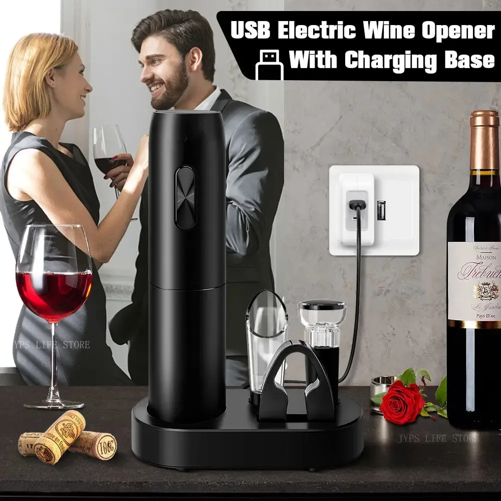 5 In1 Electric Wine Opener Set with Charging Base Automatic Corkscrew with Aerator Pourer and Foil Cutter for Kitchen Party Gift