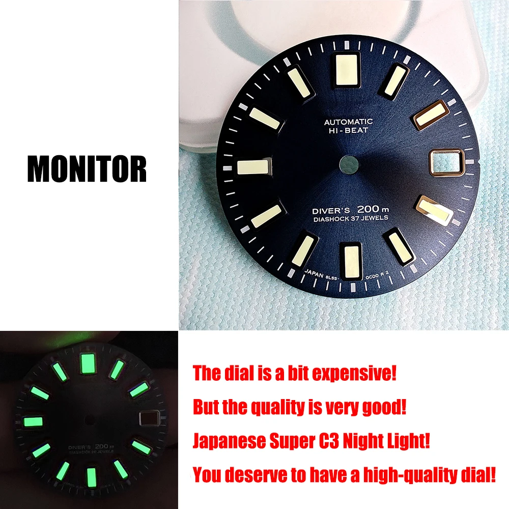 

HEIMDALLR Quality Blue 62MAS Watch Face NH35 Dial 28.5mm 3 o'clock 3.8 o'clock Case Crown Japan C3 Super Bright Green Light