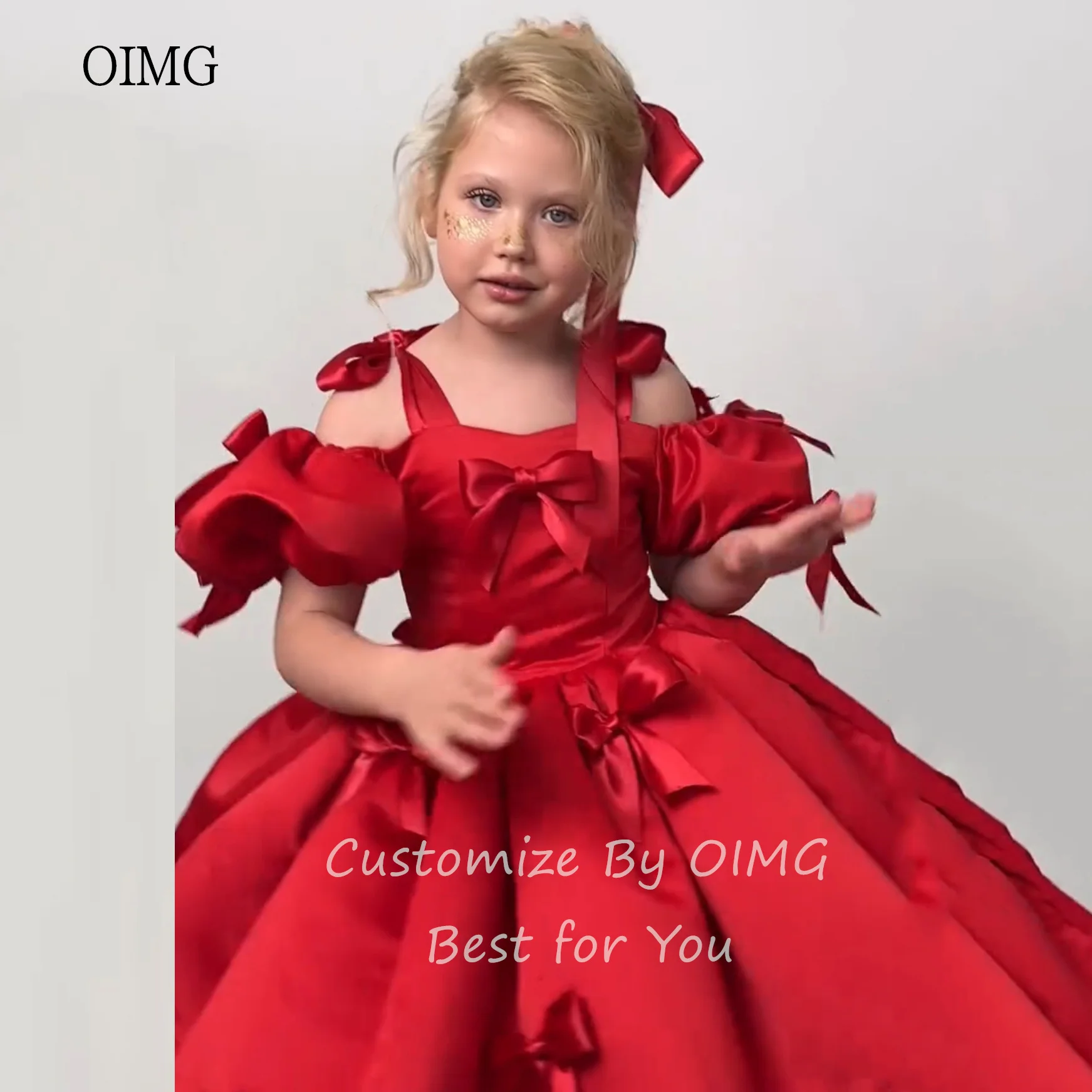 OIMG Red Off The Shoulder Flower Girl Dresses Bow Strap Flower Wedding Party Gown Multi-layered Birthday Dress Customized