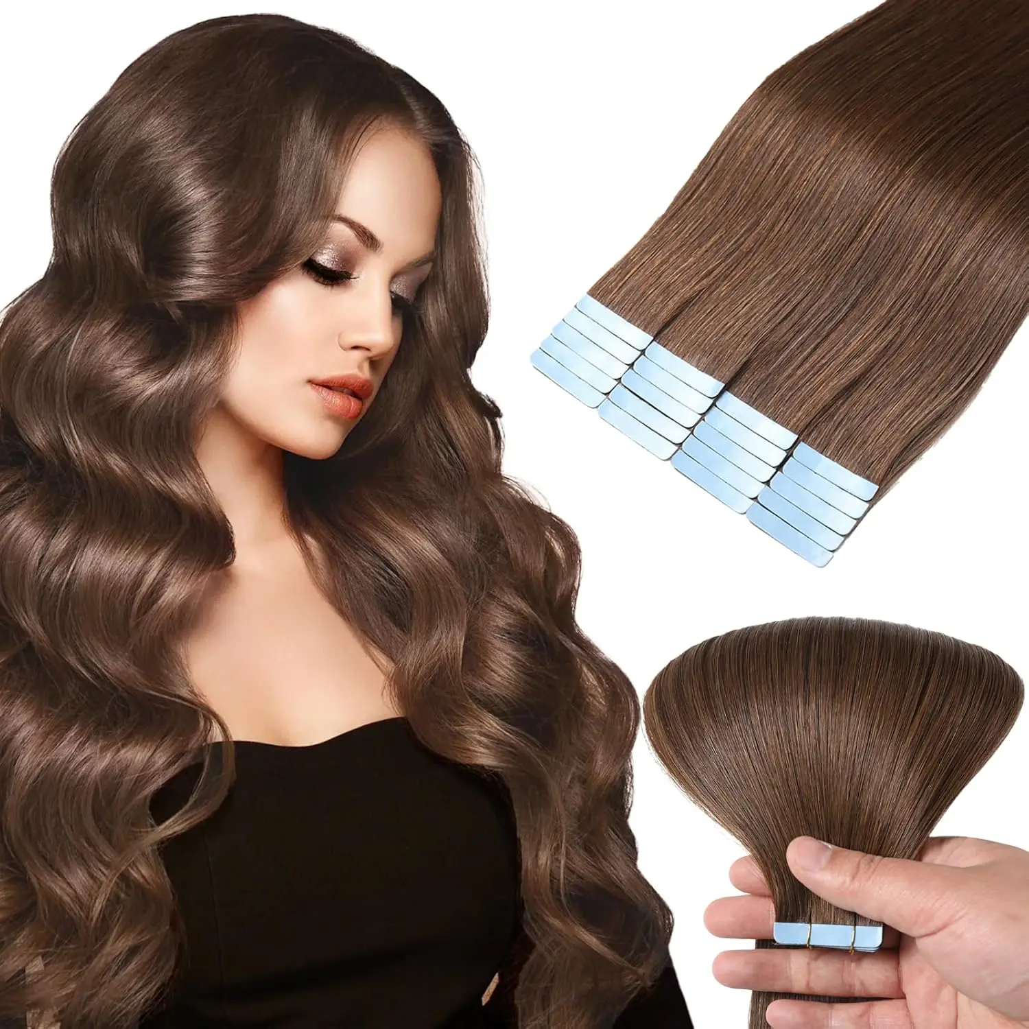 Alimice Tape in Hair Extensions Human Hair 50g Chocolate Brown Straight Human Hair Extensions Tape in Seamless Skin Weft Remy