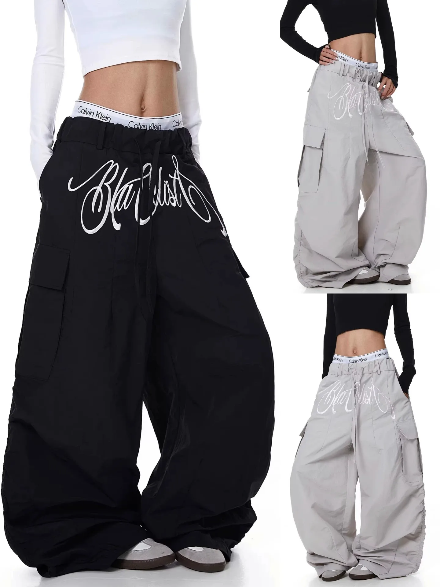American Letter Embroidery Multi-Pocket Work Pants Women Summer New Jazz Dance Loose Wide Leg Soldier Pants Trendy