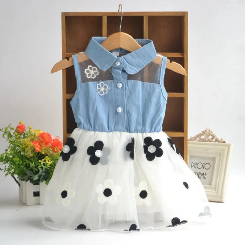 Children\'S Summer Dress, Flower Mesh, Baby Girl Denim Dress, Lapel Girl Clothing, New Product In 2023