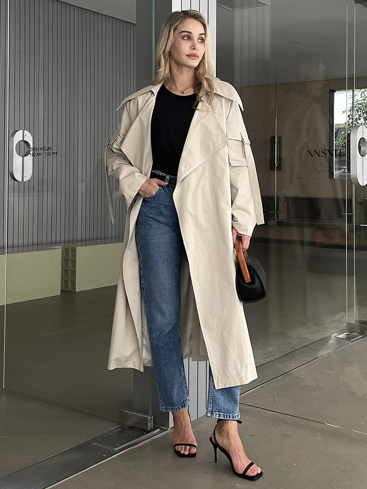 2024 Spring Fall New Korea style Women\'s Oversized Cotton Long Trench Coat With Belt  Casual Female Windbreaker