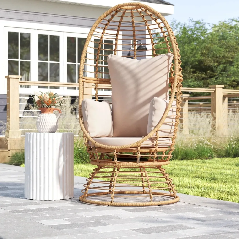 

Oversized Egg Style Wicker Chair w/Canopy & 4 Cushions Swivel Outdoor