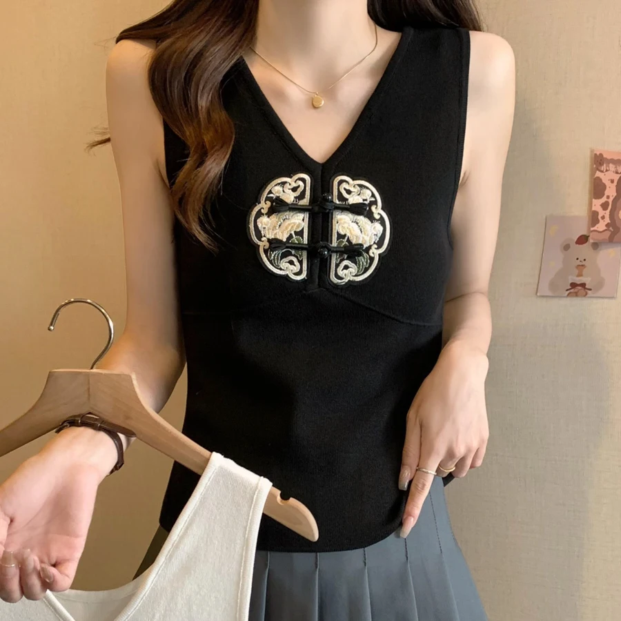 외투 브이넥 니트 여성 스웨터 조끼 새로운 민소매 흰색 자수 니트 스웨터 조끼 여성 탑스 스웨터 페미니노 Q2629