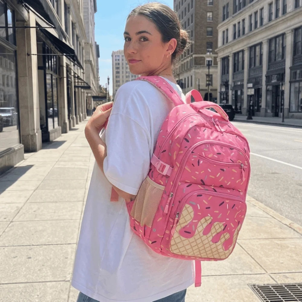 Oxford Fabric Ice Cream Printed Backpack Set with Crossbody Bag Large Capacity Bookbag with Pencil Case Lightweight Tote Bag